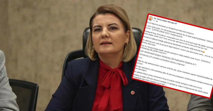 Fatma Başkan, yer altı konteyneri yanındaki iki siyah poşetin “çöp
