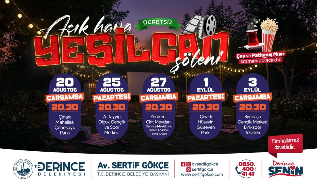 Derince’de Yeşilçam Rüzgarı Esecek Derince Belediyesi’nin düzenleyeceği Açık Hava Yeşilçam Şöleni günleri başlıyor. Beş