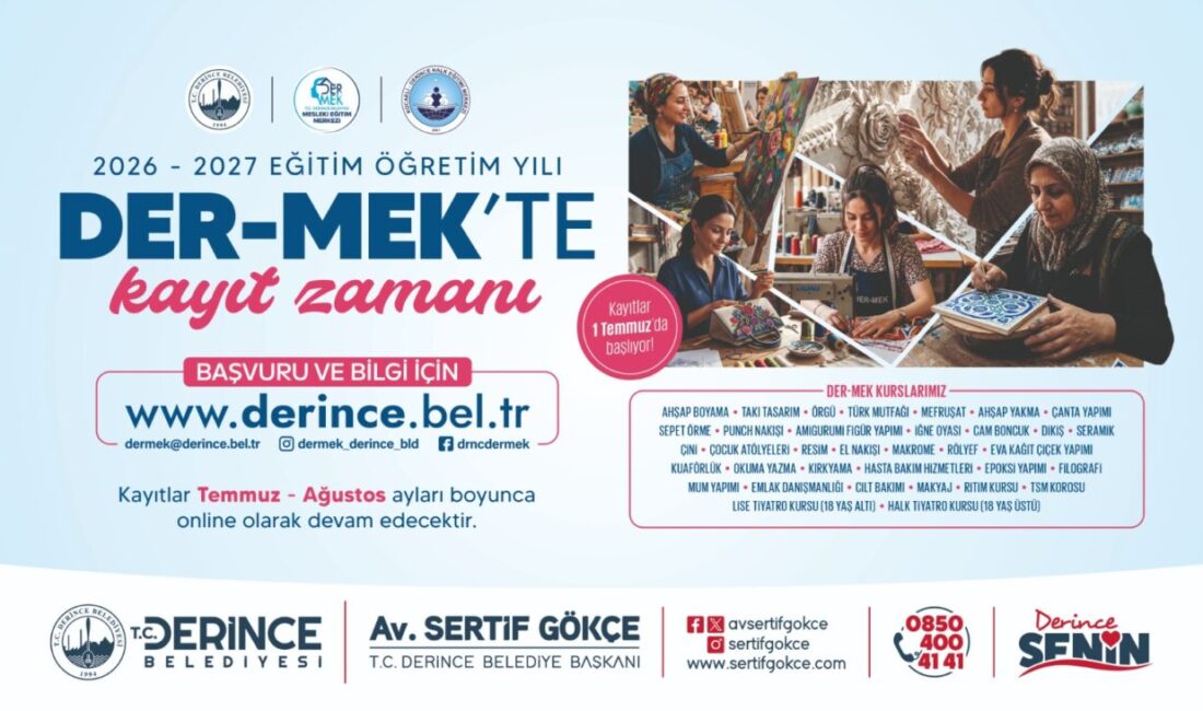 Derince Belediyesi Mesleki Eğitim Kursları (DER-MEK) 2026-2027 eğitim-öğretim dönemi kayıtları