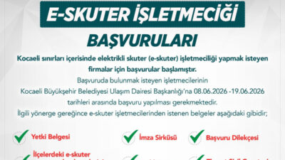 Kocaeli Büyükşehir Belediyesi, il sınırları içerisinde elektrikli skuter (e-skuter) işletmeciliği
