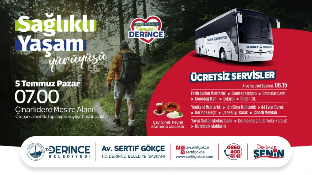 Derince Belediyesi, 5 Temmuz Pazar günü Çınarlıdere Mesire Alanı'nda Sağlıklı